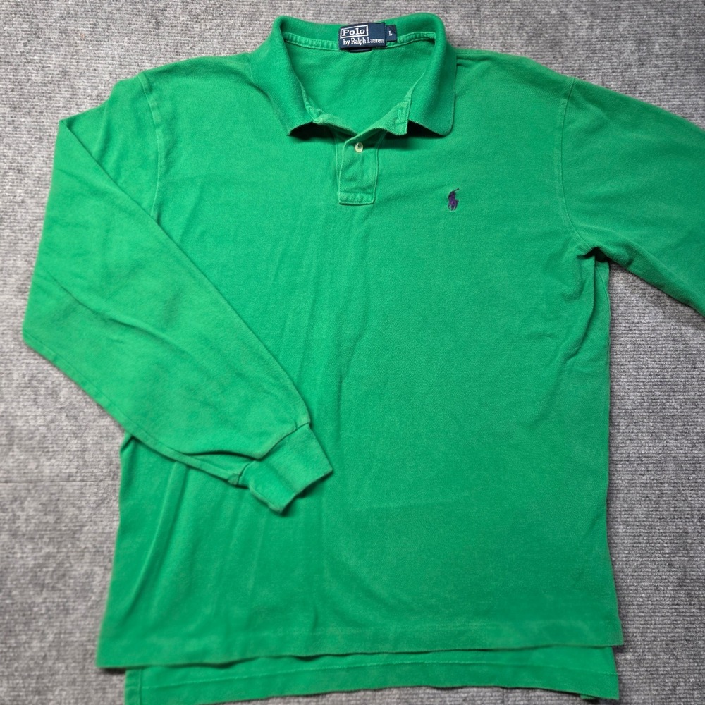 Polo Ralph Lauren Mens Green Long Sleeve Pique Polo Shirt Purple Pony Large